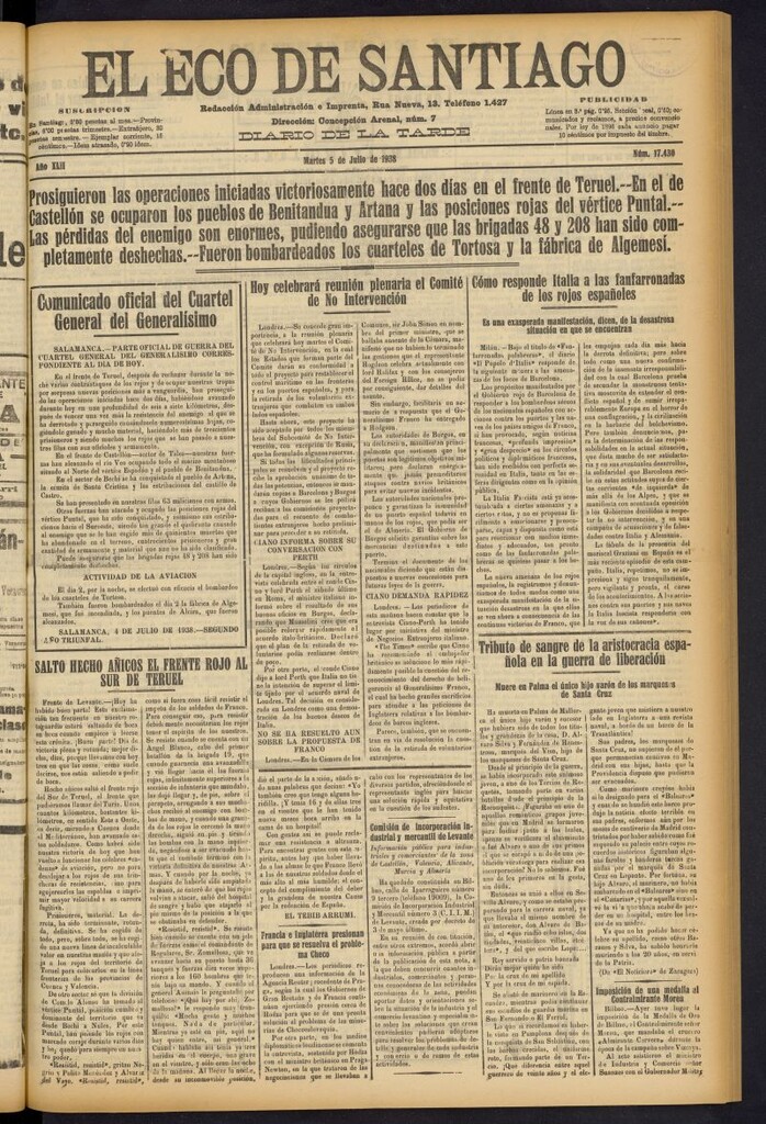 Miniatura de El Eco de Santiago : diario de la tarde del 5 de julio de 1938, nº 17430