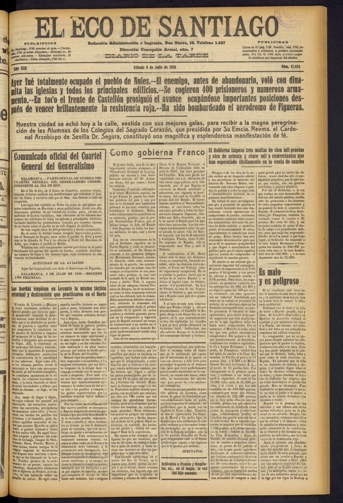 Miniatura de El Eco de Santiago : diario de la tarde del 9 de julio de 1938, nº 17434