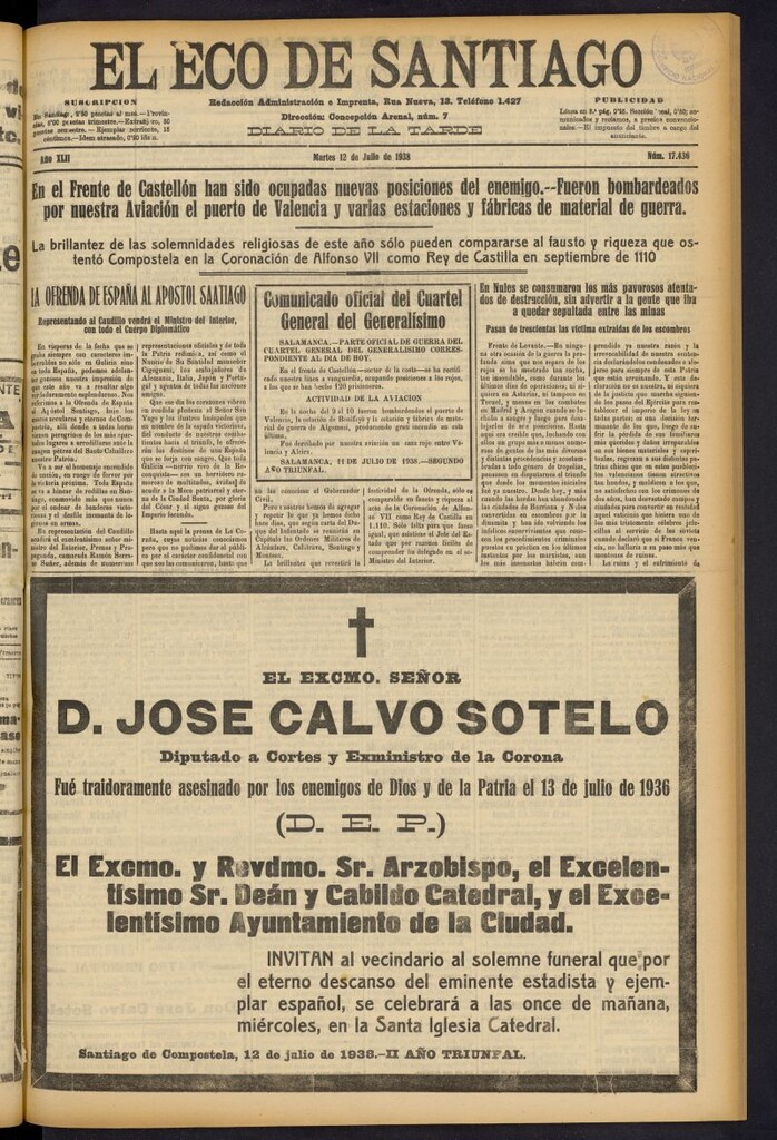 Miniatura de El Eco de Santiago : diario de la tarde del 12 de julio de 1938, nº 17436