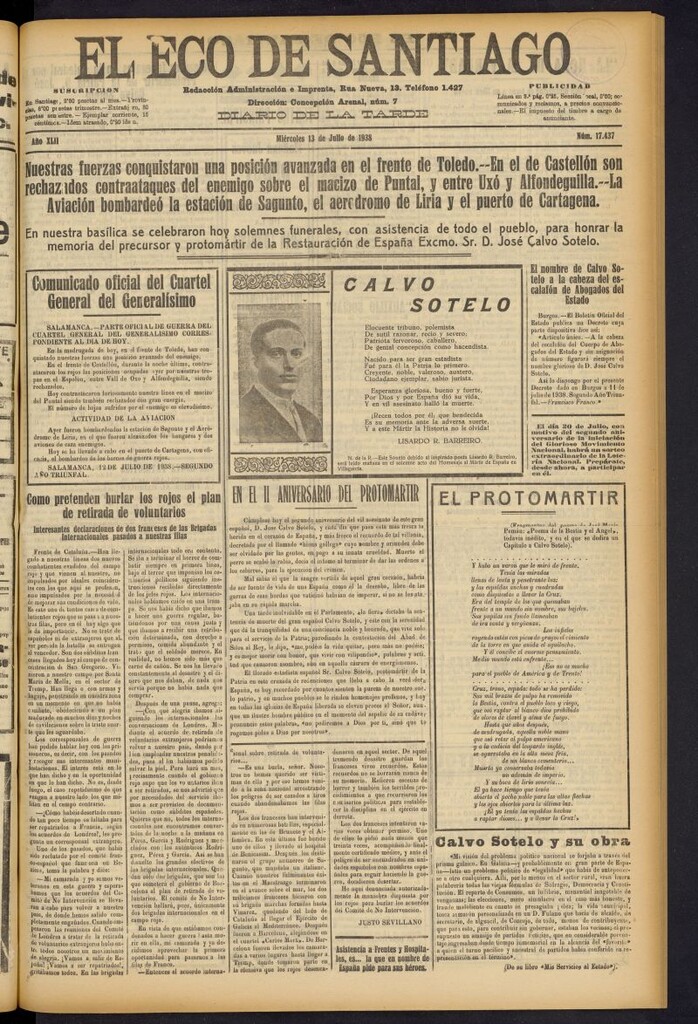 Miniatura de El Eco de Santiago : diario de la tarde del 13 de julio de 1938, nº 17437
