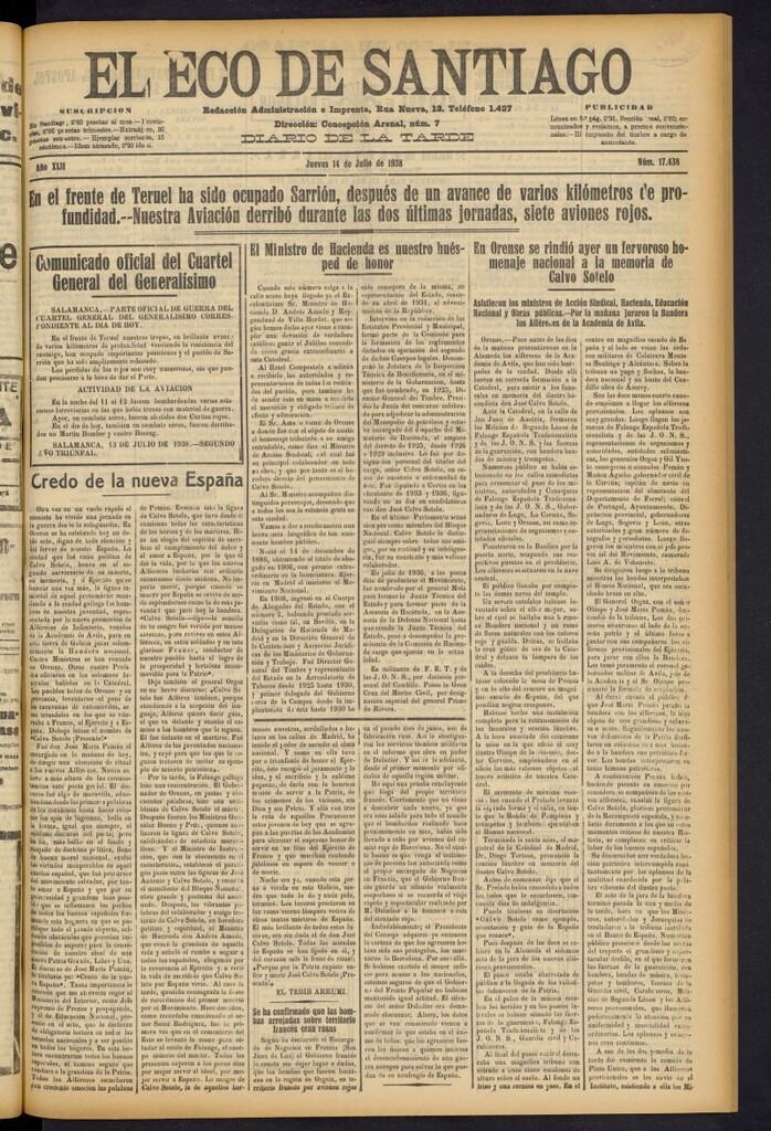 Miniatura de El Eco de Santiago : diario de la tarde del 14 de julio de 1938, nº 17438