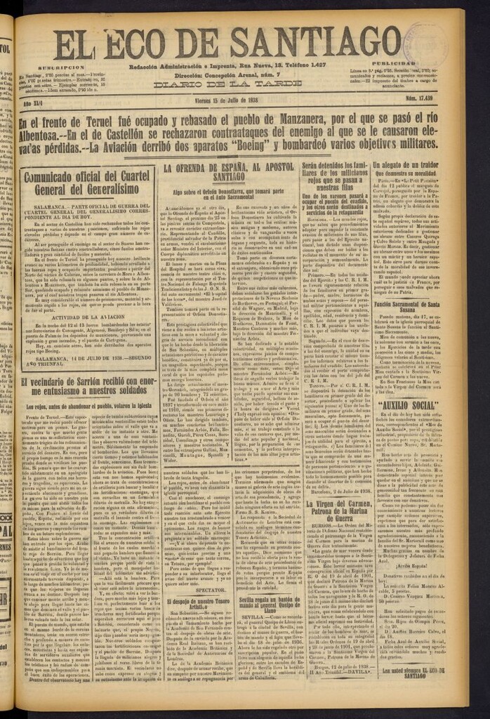 Miniatura de El Eco de Santiago : diario de la tarde del 15 de julio de 1938, nº 17439
