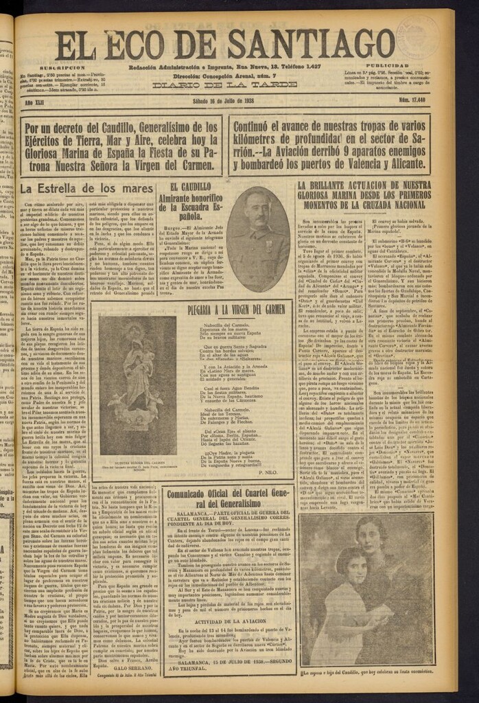 Miniatura de El Eco de Santiago : diario de la tarde del 16 de julio de 1938, nº 17440