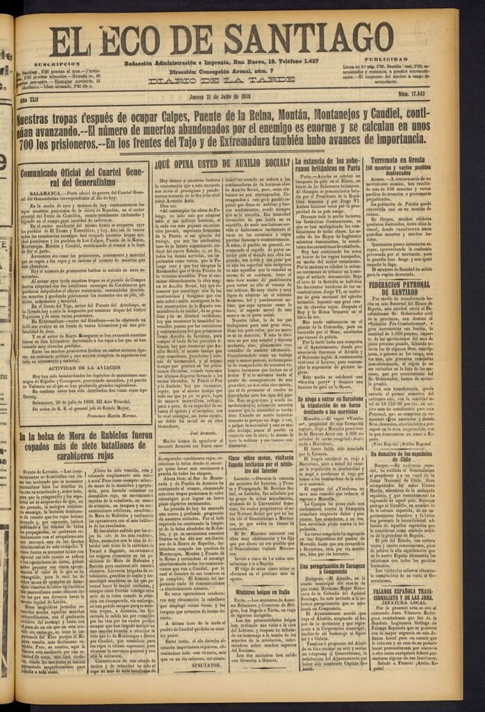Miniatura de El Eco de Santiago : diario de la tarde del 21 de julio de 1938, nº 17443