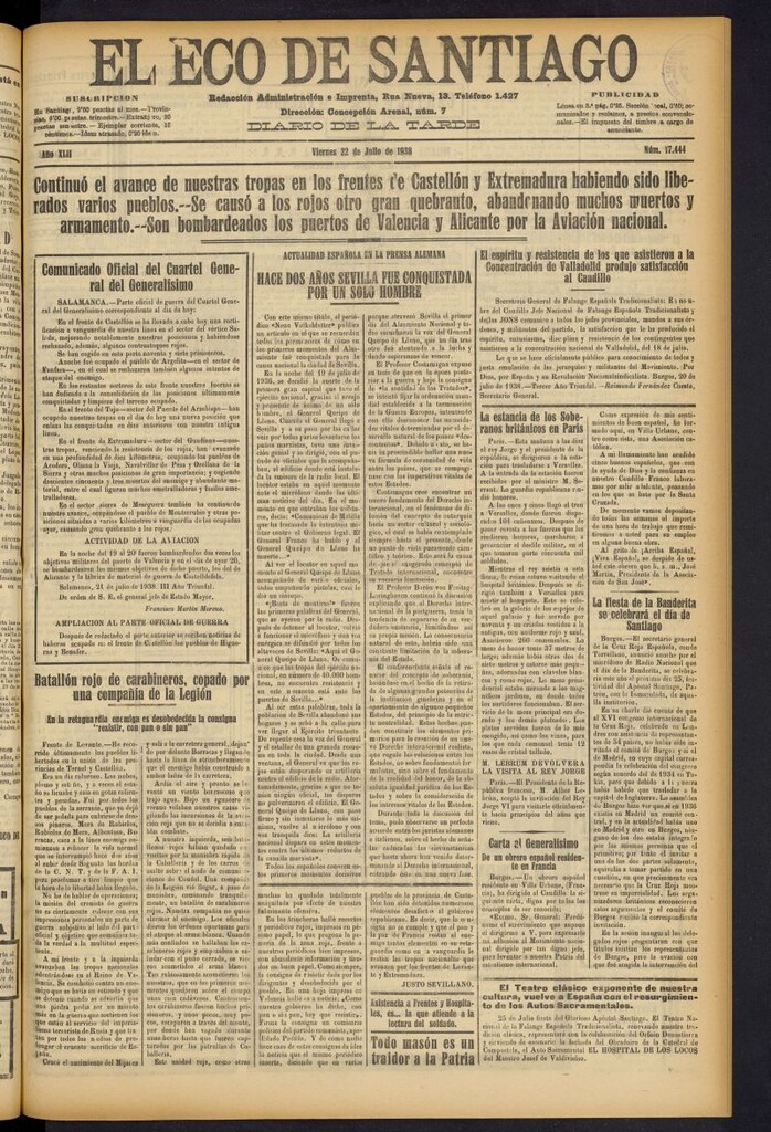 Miniatura de El Eco de Santiago : diario de la tarde del 22 de julio de 1938, nº 17444