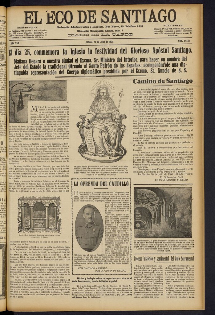 Miniatura de El Eco de Santiago : diario de la tarde del 23 de julio de 1938, nº 17445