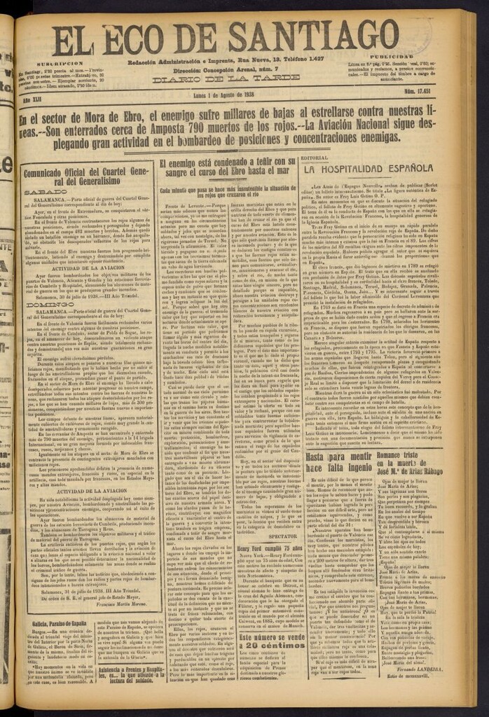 Miniatura de El Eco de Santiago : diario de la tarde del 1 de agosto de 1938, nº 17451