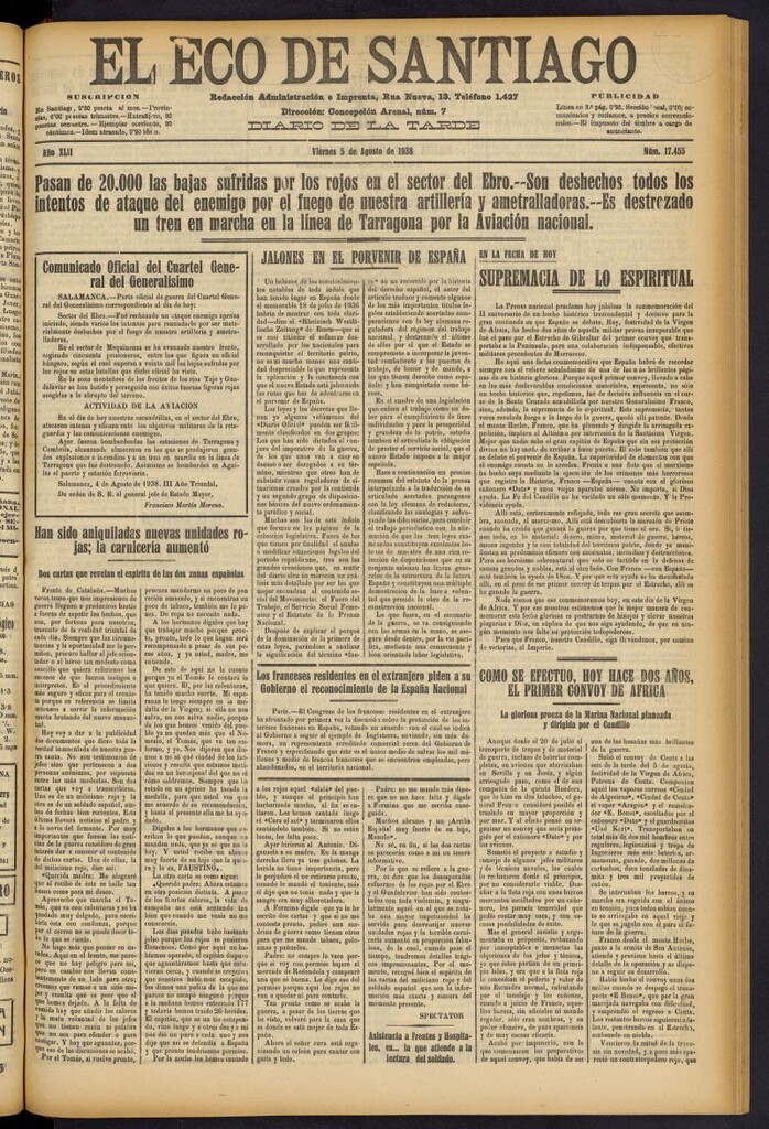 Miniatura de El Eco de Santiago : diario de la tarde del 5 de agosto de 1938, nº 17455