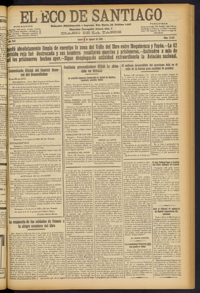 Miniatura de El Eco de Santiago : diario de la tarde del 8 de agosto de 1938, nº 17457
