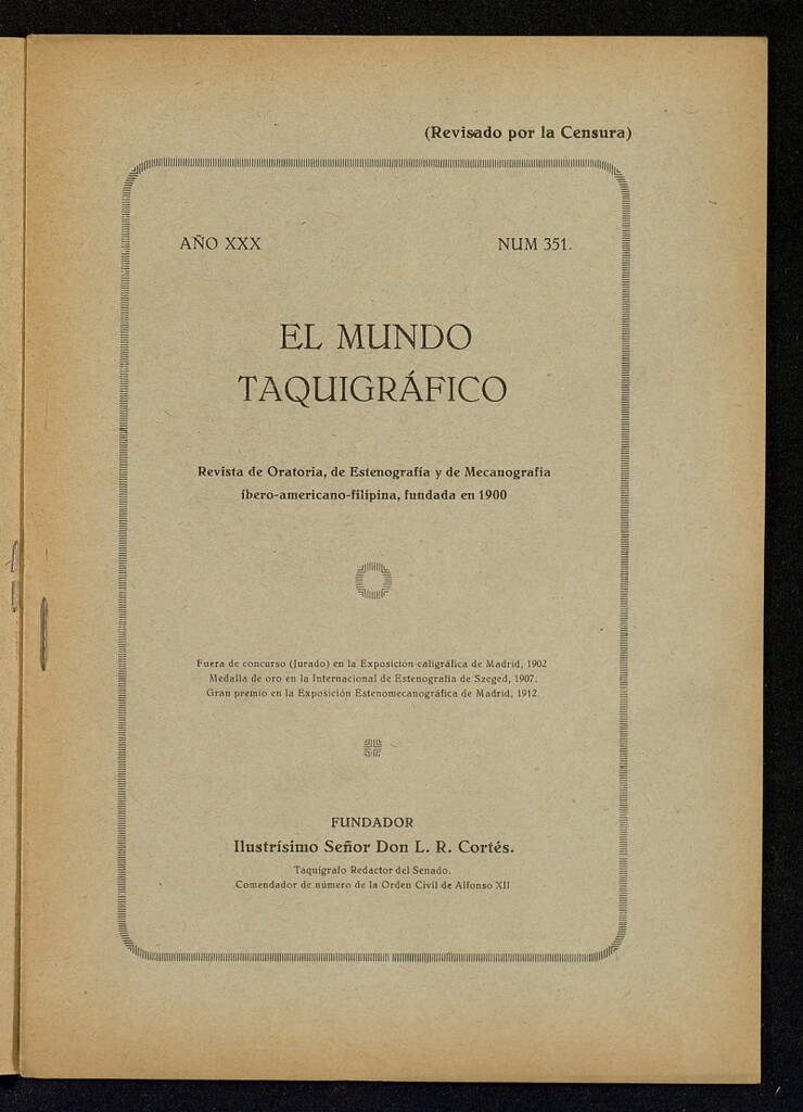 Miniatura de El Mundo Taquigráfico: revista mensual hispano-americana de oratoria y de estenografía. Junio de 1929, nº 351
