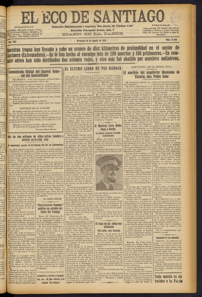 Miniatura de El Eco de Santiago : diario de la tarde del 10 de agosto de 1938, nº 17459