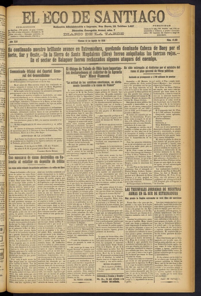 Miniatura de El Eco de Santiago : diario de la tarde del 12 de agosto de 1938, nº 17461