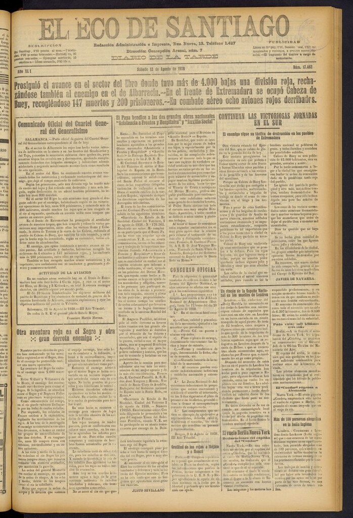 Miniatura de El Eco de Santiago : diario de la tarde del 13 de agosto de 1938, nº 17462