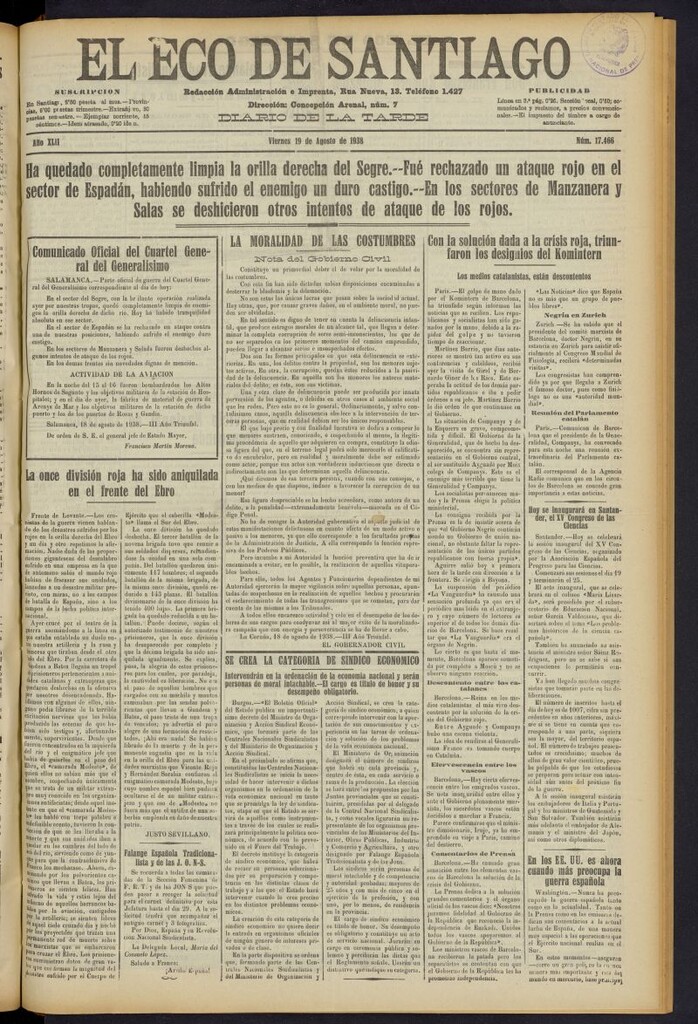 Miniatura de El Eco de Santiago : diario de la tarde del 19 de agosto de 1938, nº 17466