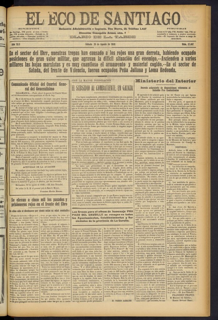 Miniatura de El Eco de Santiago : diario de la tarde del 20 de agosto de 1938, nº 17467