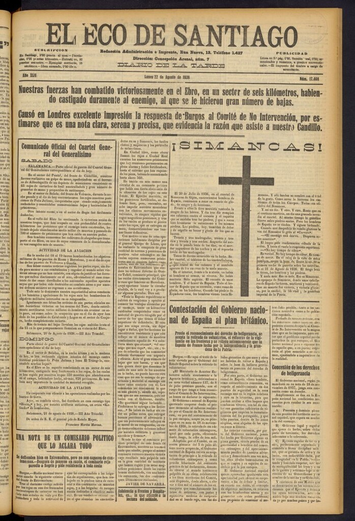Miniatura de El Eco de Santiago : diario de la tarde del 22 de agosto de 1938, nº 17468