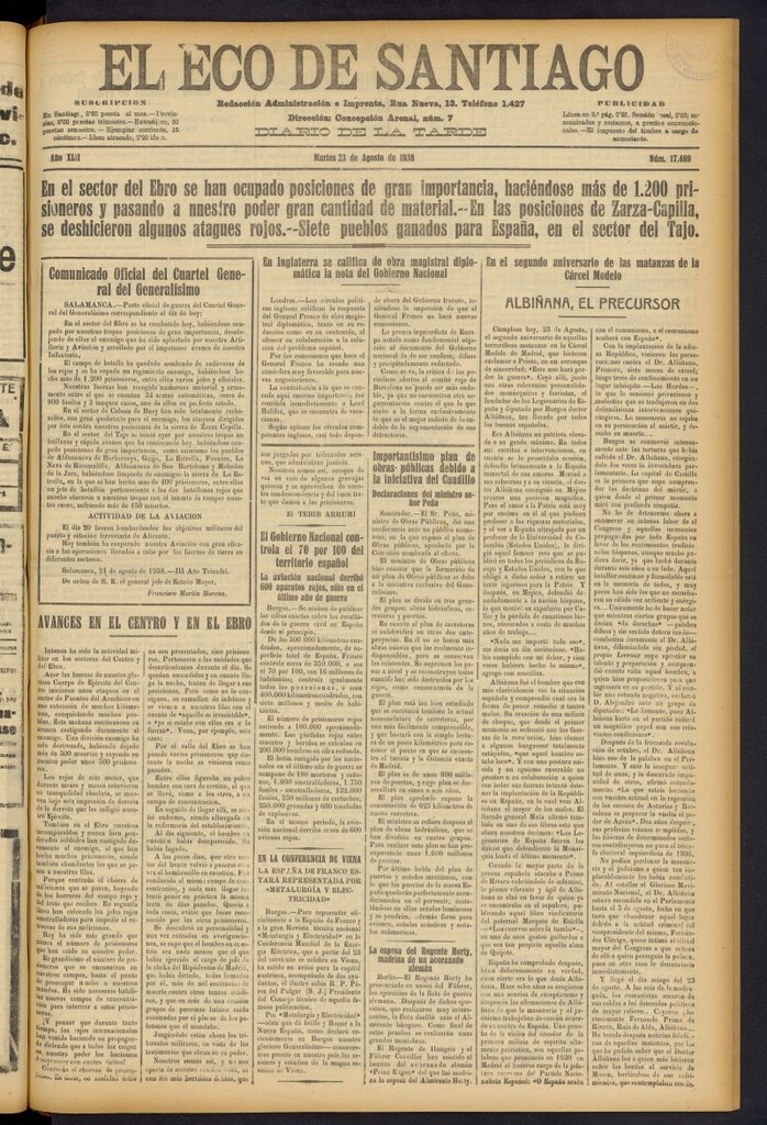 Miniatura de El Eco de Santiago : diario de la tarde del 23 de agosto de 1938, nº 17469