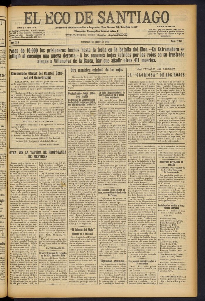 Miniatura de El Eco de Santiago : diario de la tarde del 26 de agosto de 1938, nº 17472