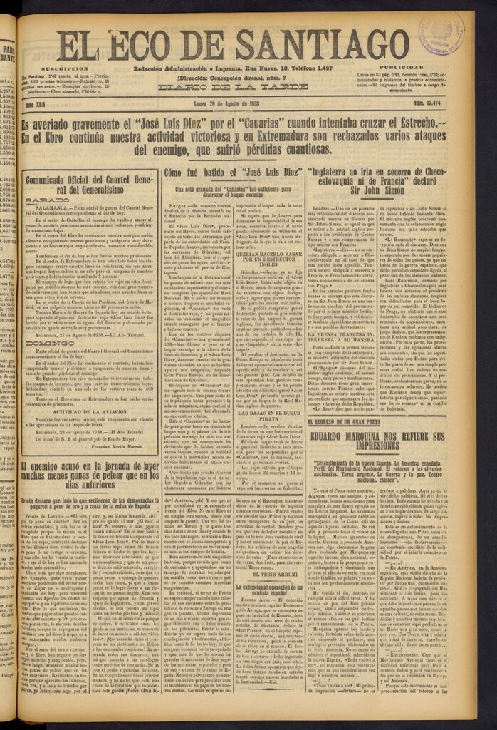 Miniatura de El Eco de Santiago : diario de la tarde del 29 de agosto de 1938, nº 17474