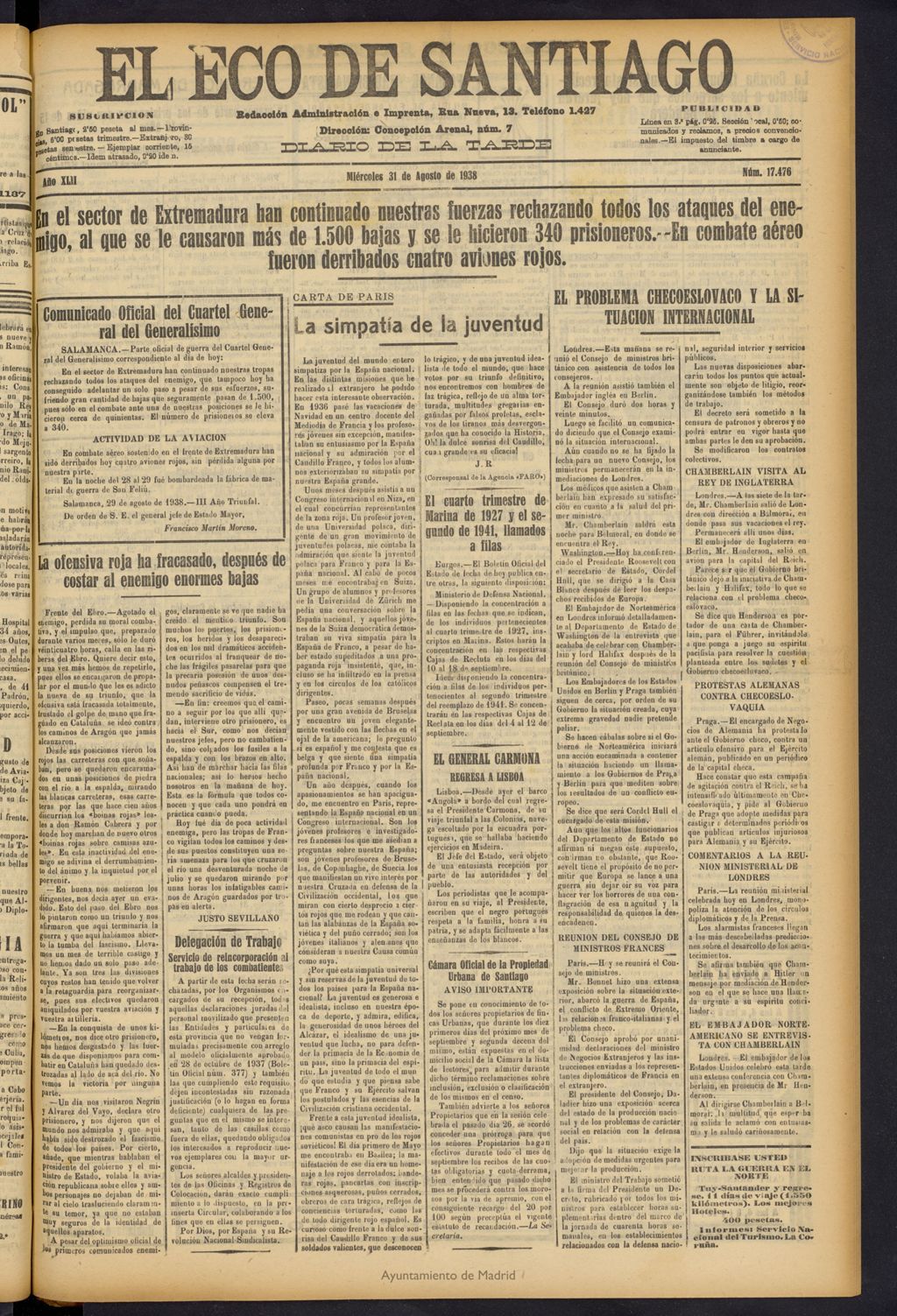 Miniatura de El Eco de Santiago : diario de la tarde del 31 de agosto de 1938, nº 17476