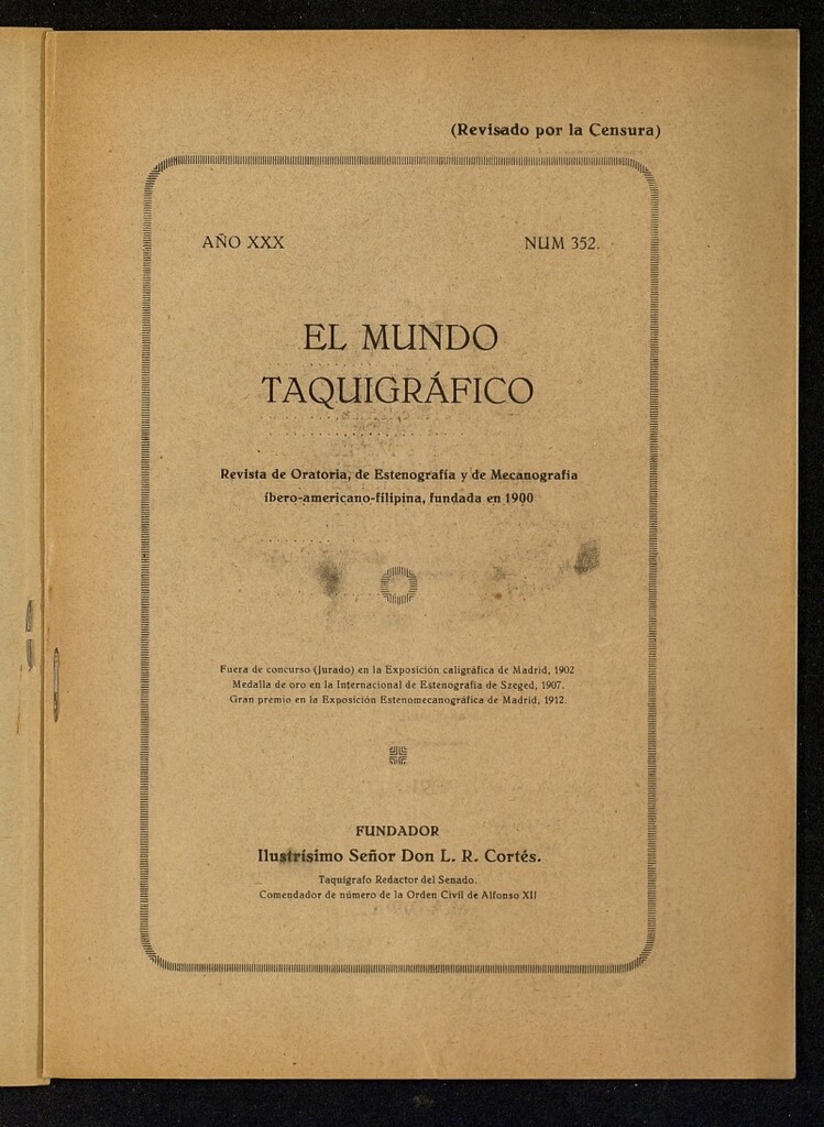 Miniatura de El Mundo Taquigráfico: revista mensual hispano-americana de oratoria y de estenografía. Julio de 1929, nº 352