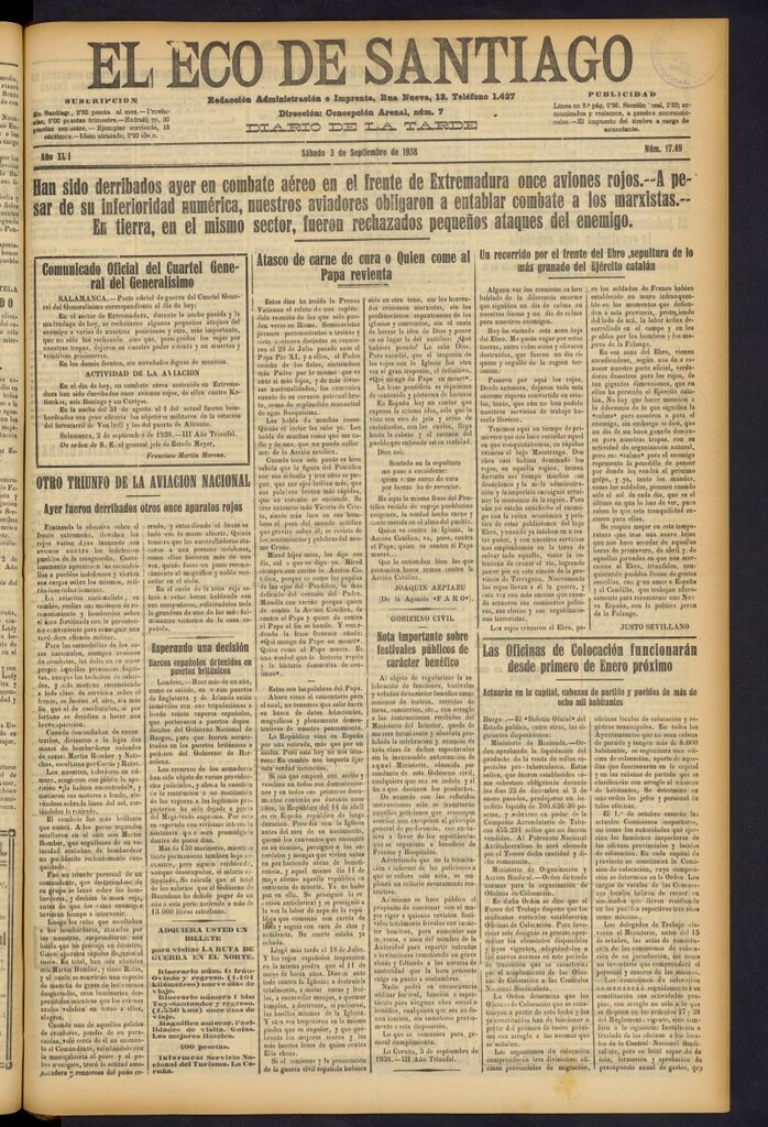 Miniatura de El Eco de Santiago : diario de la tarde del 3 de septiembre de 1938, nº 17.49