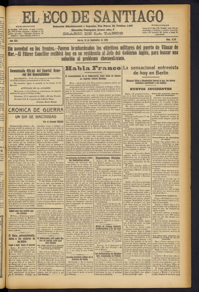 Miniatura de El Eco de Santiago : diario de la tarde del 15 de septiembre de 1938, nº 17.58