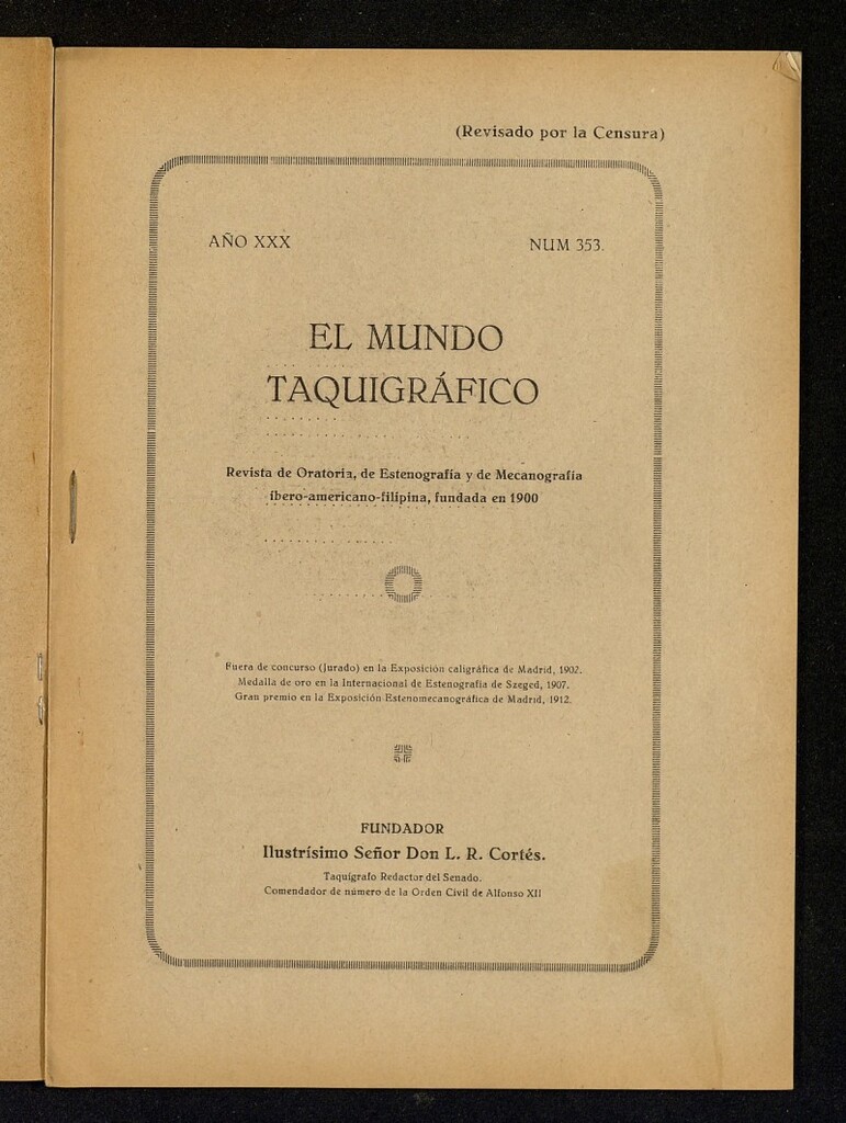 Miniatura de El Mundo Taquigráfico: revista mensual hispano-americana de oratoria y de estenografía. Agosto de 1929, nº 353