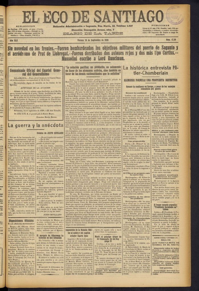 Miniatura de El Eco de Santiago : diario de la tarde del 16 de septiembre de 1938, nº 17.59