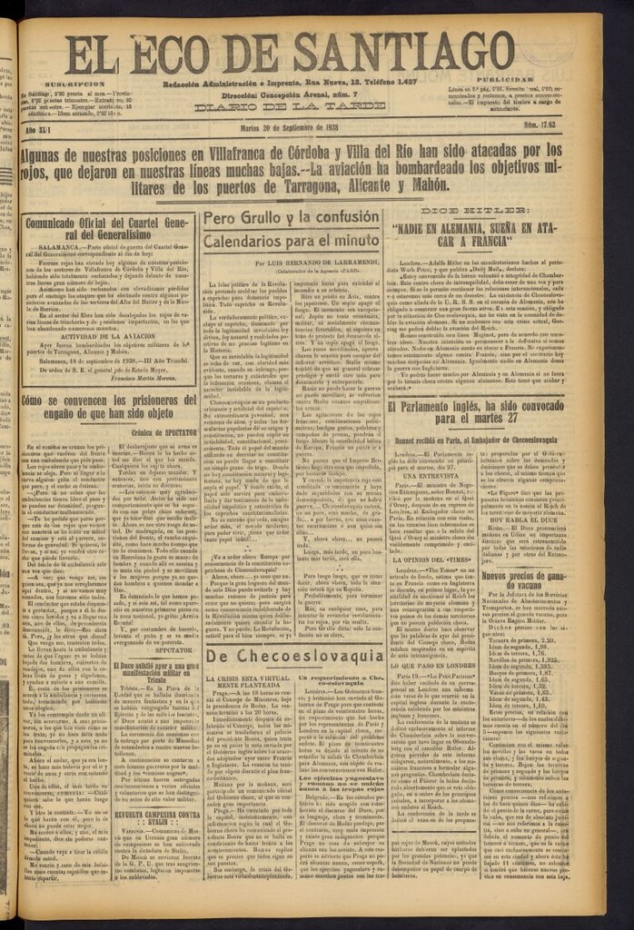 Miniatura de El Eco de Santiago : diario de la tarde del 20 de septiembre de 1938, nº 17.62