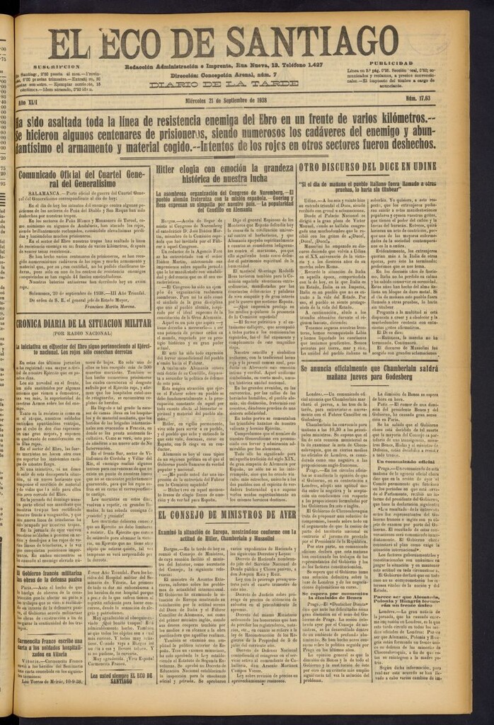Miniatura de El Eco de Santiago : diario de la tarde del 21 de septiembre de 1938, nº 17.63