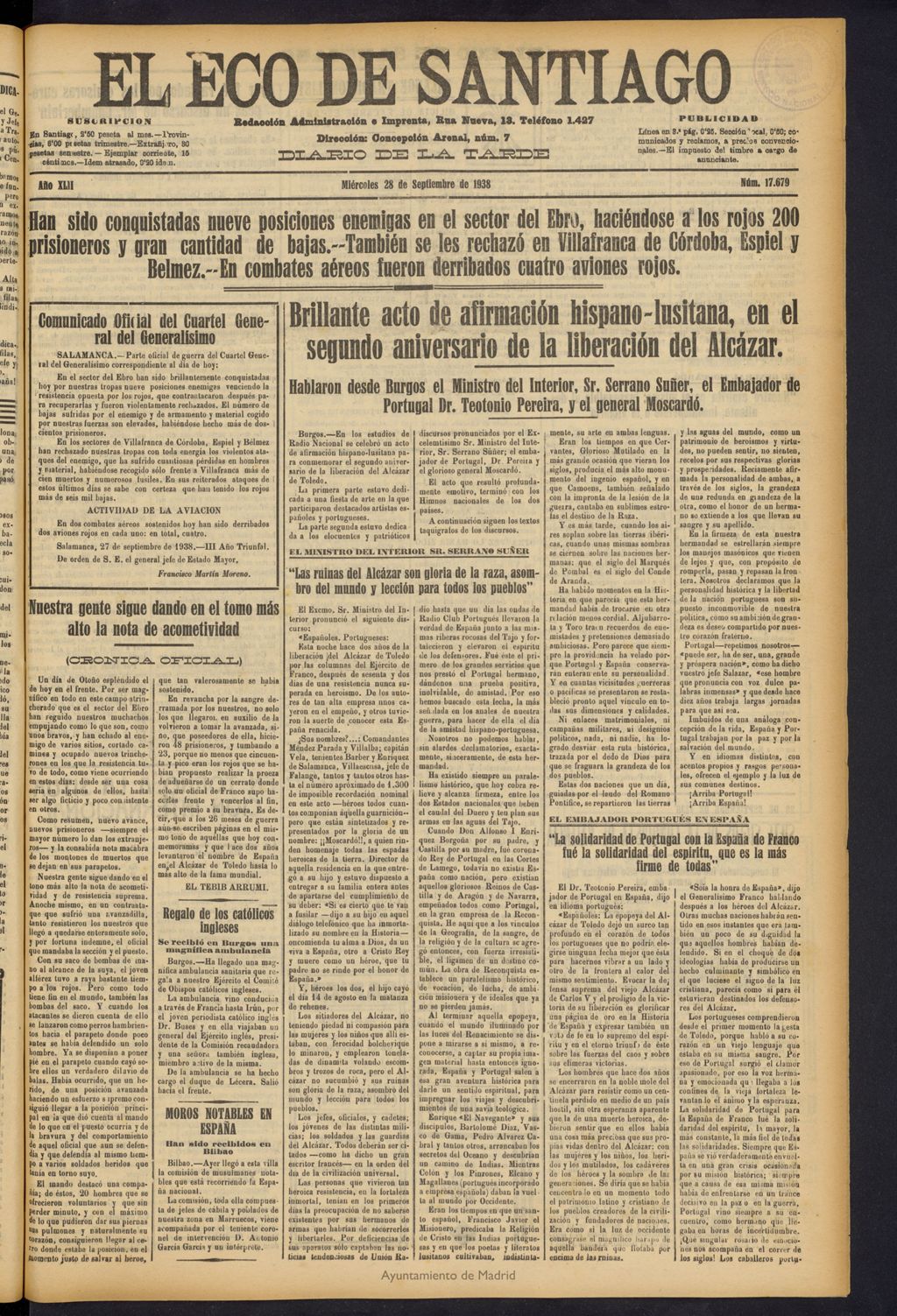 Miniatura de El Eco de Santiago : diario de la tarde del 28 de septiembre de 1938, nº 17679
