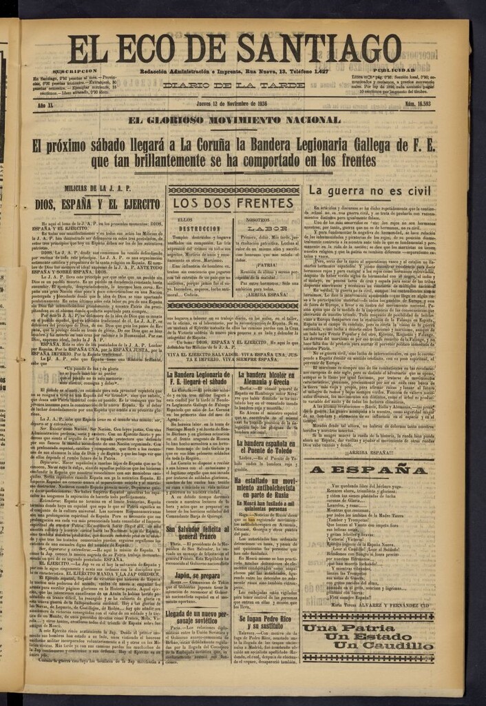 Miniatura de El Eco de Santiago : diario de la tarde del 12 de noviembre de 1936, nº 16593