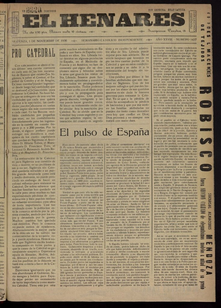 Miniatura de El Henares : semanario católico independiente del 1 de noviembre de 1936, nº 1437