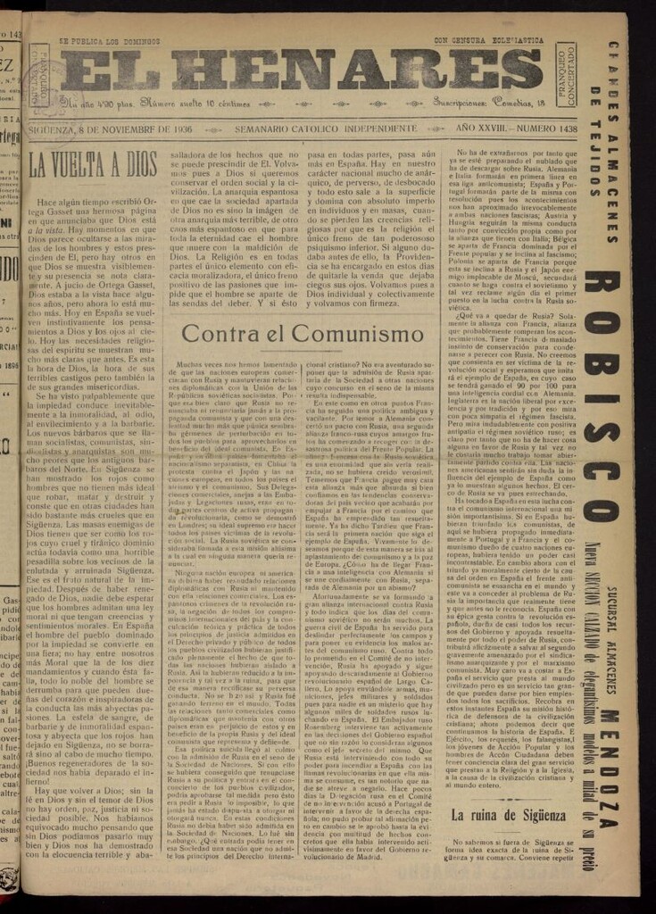Miniatura de El Henares : semanario católico independiente del 8 de noviembre de 1936, nº 1438