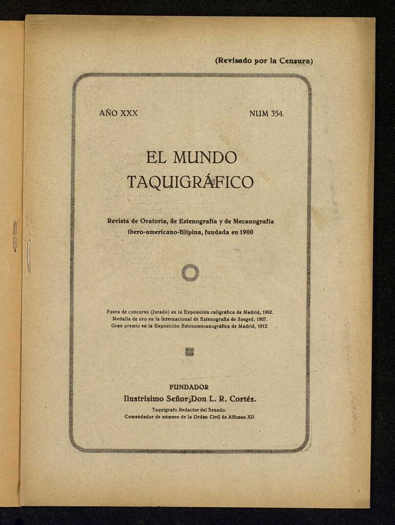 Miniatura de El Mundo Taquigráfico: revista mensual hispano-americana de oratoria y de estenografía. Septiembre de 1929, nº 354