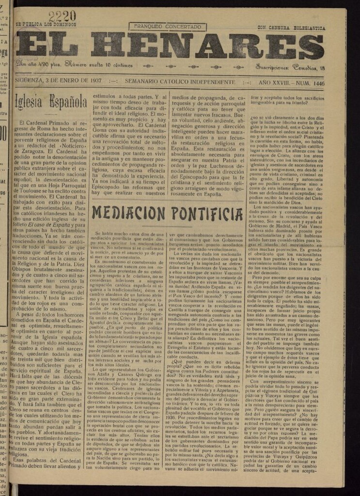 Miniatura de El Henares : semanario católico independiente del 3 de enero de 1937, nº 1446