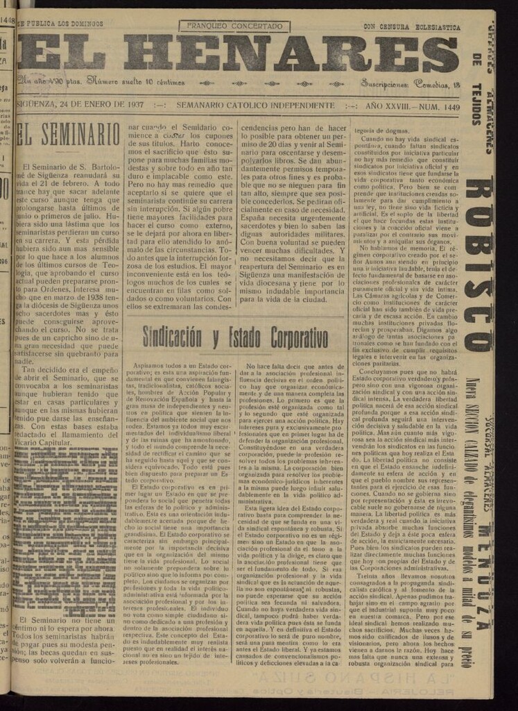 Miniatura de El Henares : semanario católico independiente del 24 de enero de 1937, nº 1449