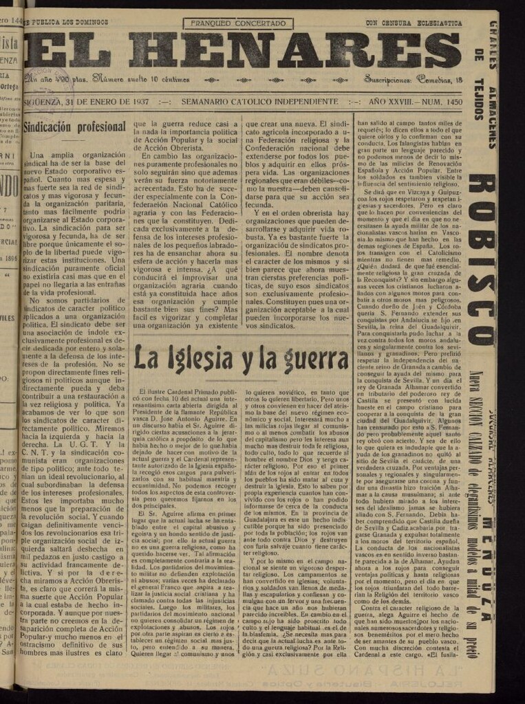 Miniatura de El Henares : semanario católico independiente del 31 de enero de 1937, nº 1450