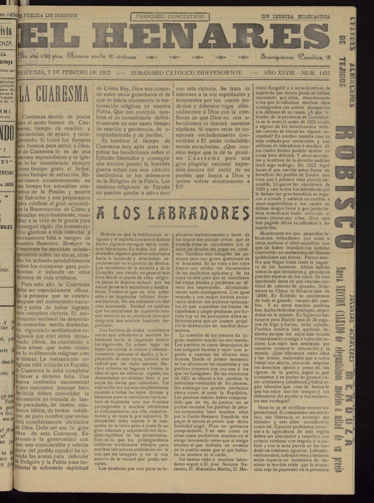 Miniatura de El Henares : semanario católico independiente del 7 de febrero de 1937, nº 1451
