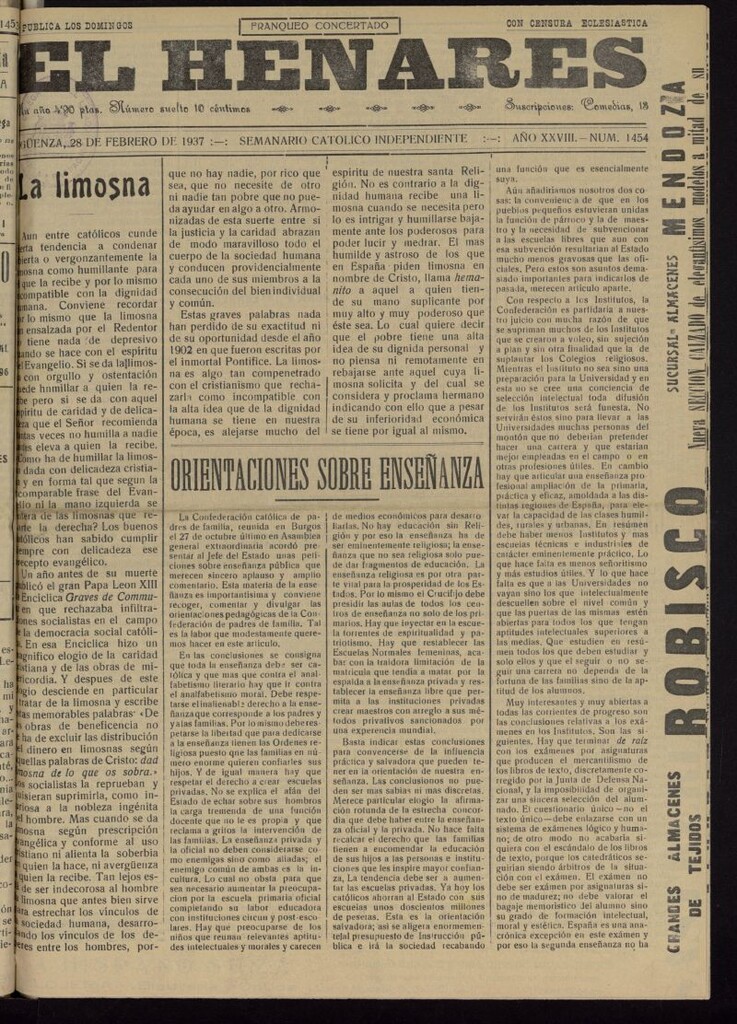 Miniatura de El Henares : semanario católico independiente del 28 de febrero de 1937, nº 1454