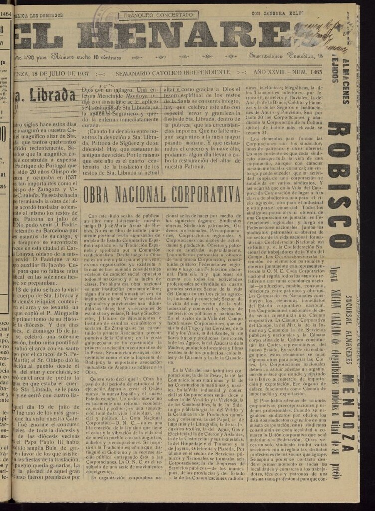 Miniatura de El Henares : semanario católico independiente del 18 de julio de 1937, nº 1465