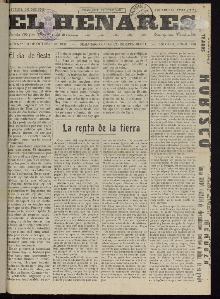 Miniatura de El Henares : semanario católico independiente 31 de octubre de 1937, nº 1478