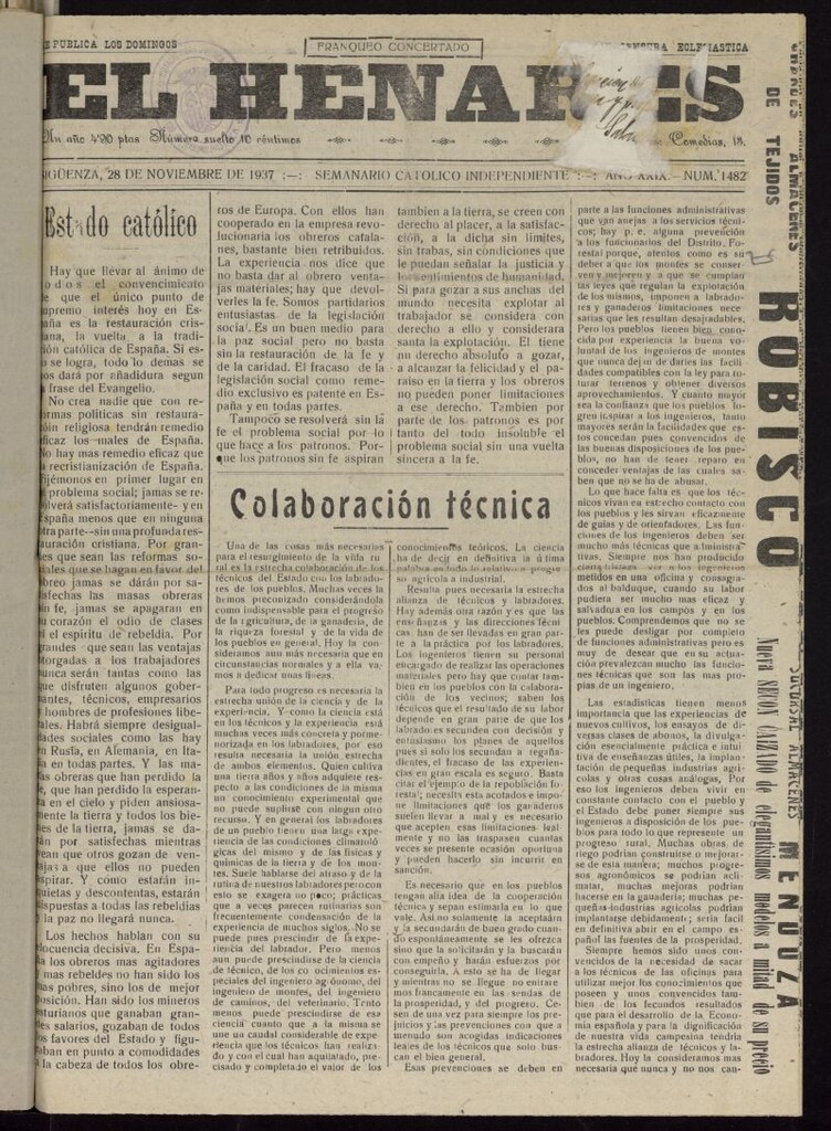 Miniatura de El Henares : semanario católico independiente 28 de noviembre de 1937, nº 1482