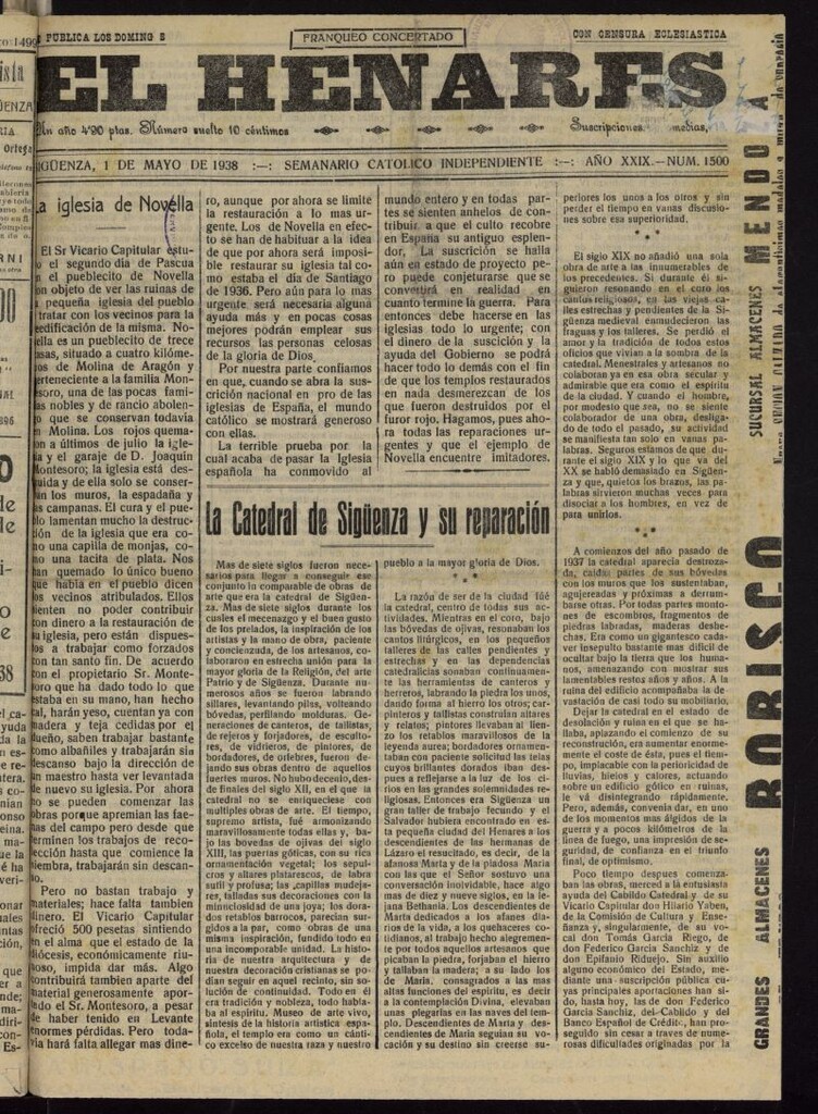 Miniatura de El Henares : semanario católico independiente del 1 de mayo de 1938, nº 1500