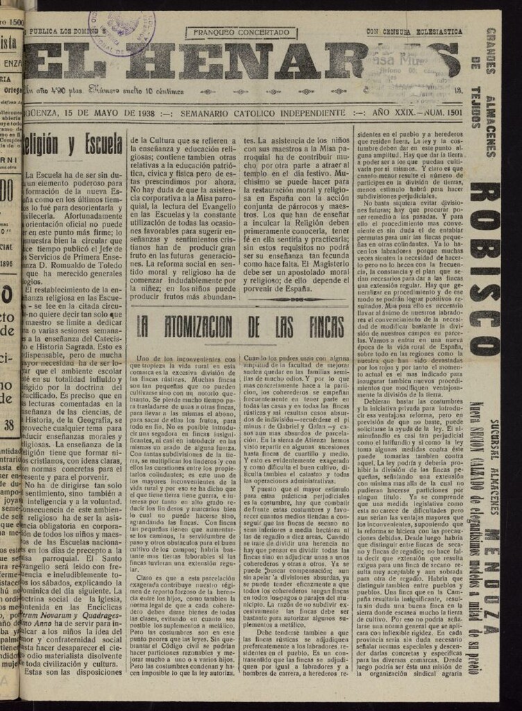 Miniatura de El Henares : semanario católico independiente del 15 de mayo de 1938, nº 1501