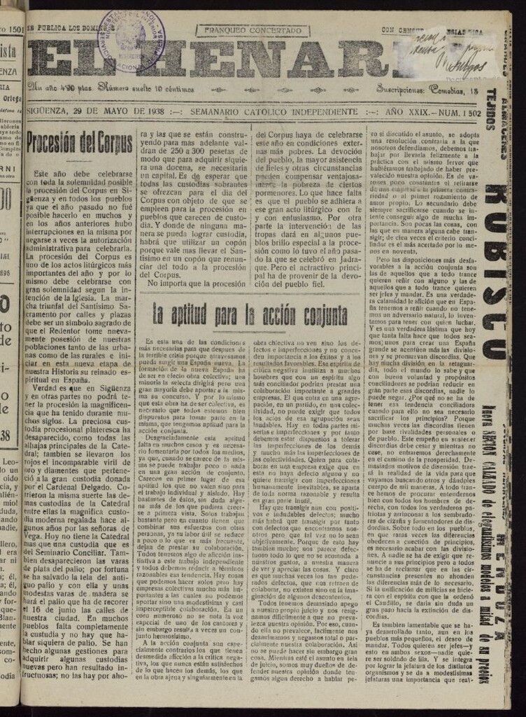 Miniatura de El Henares : semanario católico independiente del 29 de mayo de 1938, nº 1502