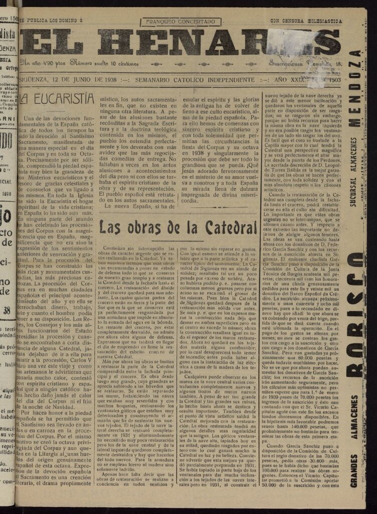 Miniatura de El Henares : semanario católico independiente del 12 de junio de 1938, nº 1503