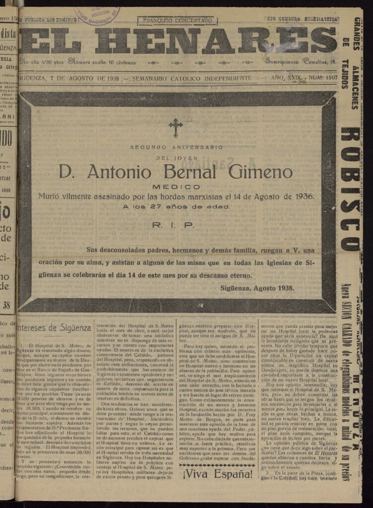 Miniatura de El Henares : semanario católico independiente del 7 de agosto de 1938, nº 1507
