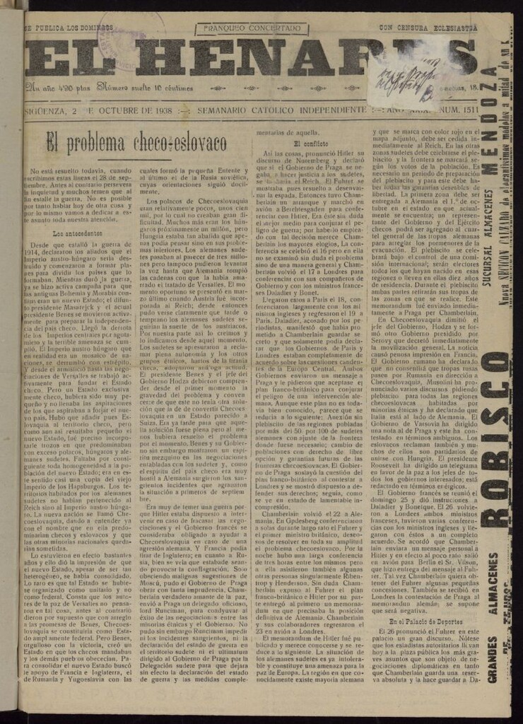 Miniatura de El Henares : semanario católico independiente del 2 de octubre de 1938, nº 1511